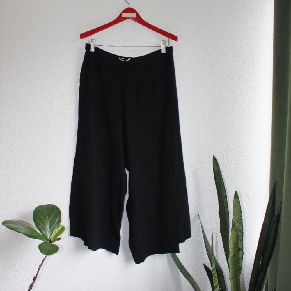 ZARA Black Ribbed Wide Leg Pants High Waist Stretch Minimal Chic L